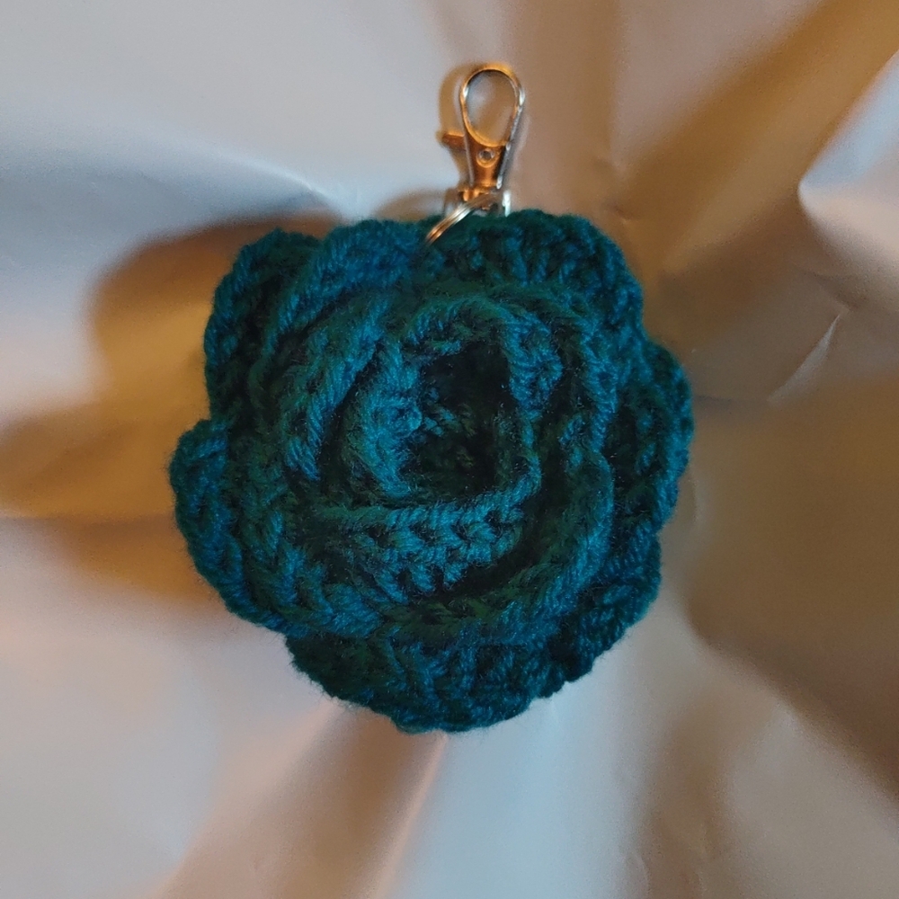 Teal Crochet Flower Keychain Charm